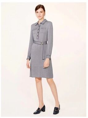 Tory Burch Christelle Belted Blue & White Chain Print Silk Shirt Dress